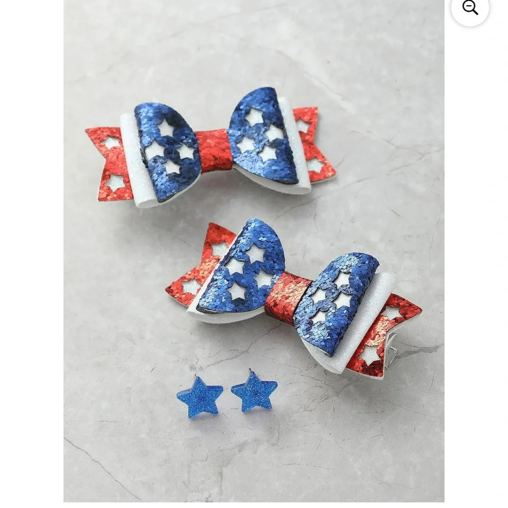 Patriotic Hair Bow & Star Earrings Set | Red White Blue Glitter